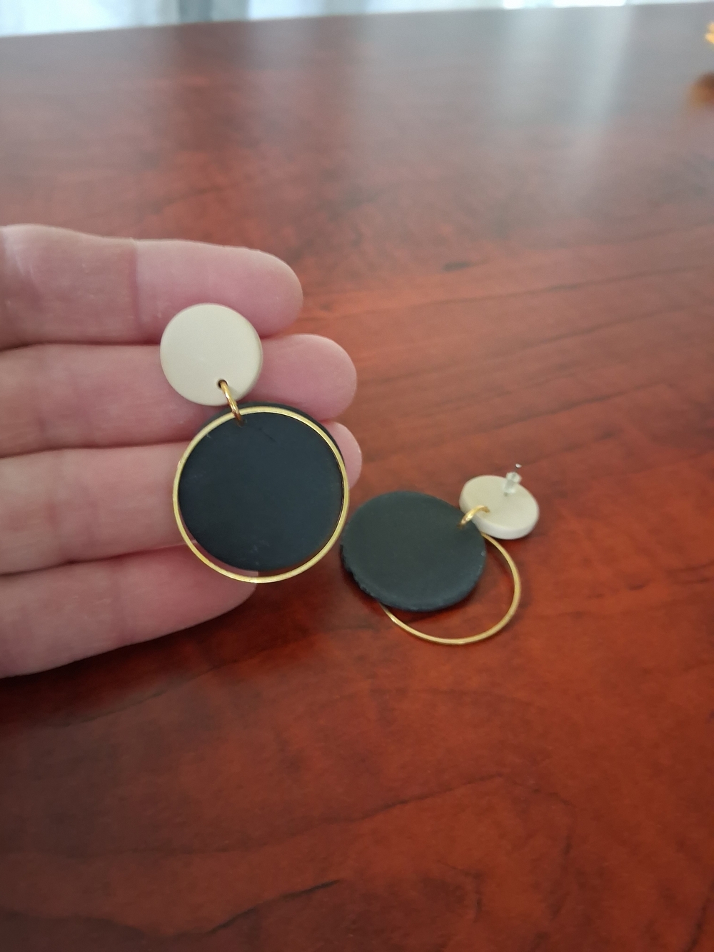 Minimalist Black and Cream Drop Earrings with Gold Hoop